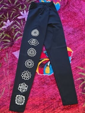 Handprinted American Apparel Black Leggings White Chakras 92% Cotton NWOT Size M